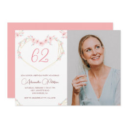 Small Modern Boho Floral Photo 62nd Birthday Invitation Front View
