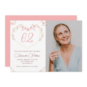 modern boho floral photo 62nd birthday invitation