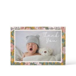 Small Modern Boho Floral Two Photo Baby Shower Message Thank You Invitations Front View