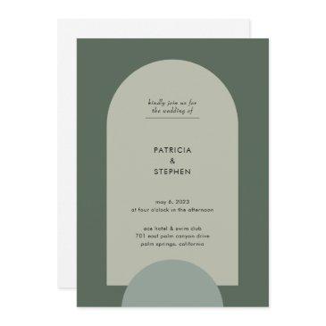 modern boho geometric arch sage green wedding invitation
