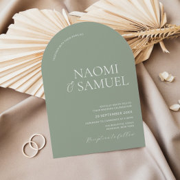 Small Modern Bold Names Arch Sage Wedding Invitation Front View