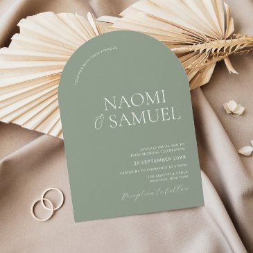 modern bold names arch sage wedding invitation