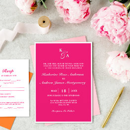 Small Modern Bright Hot Pink & White Monogram Wedding In Invitation Front View