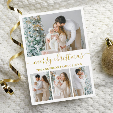 modern calligraphy 4 photo merry christmas gold holiday invitations