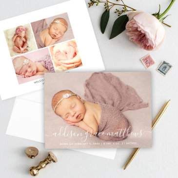 modern calligraphy baby girl photo collage birth announcement