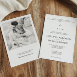 Small Modern Catholic Photo B&w Cross Wedding Invitation Front View