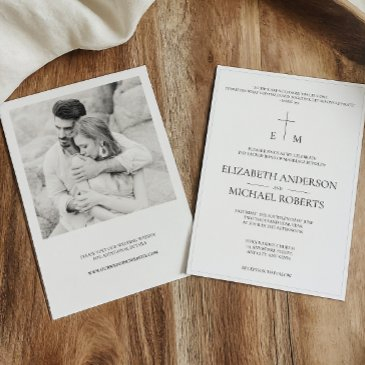 modern catholic photo b&w cross wedding invitation