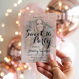 Small Modern Chic Blush Rose Gold Glitter Photo Sweet 16 Invitation Front View