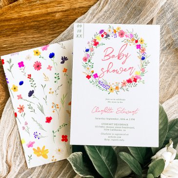 modern chic boho bright wild flowers baby shower invitation