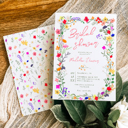 Small Modern Chic Boho Bright Wild Flowers Bridal Shower Invitation Front View