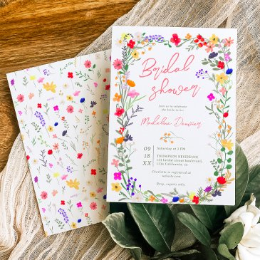 modern chic boho bright wild flowers bridal shower invitation