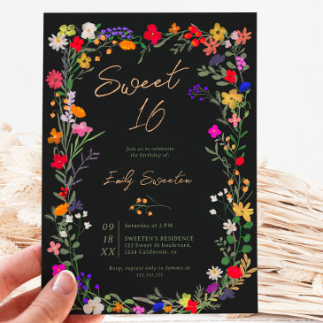 modern chic boho bright wild flowers sweet 16 invitation