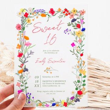 modern chic boho bright wild flowers sweet 16 invitation