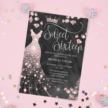 modern chic rose gold glitter sweet 16 invitation