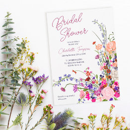 Small Modern Chic Wild Flowers Script Bridal Shower Invitation Front View