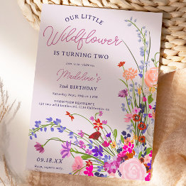 Small Modern Chic Wildflower Script 2nd Birthday Invitation Front View