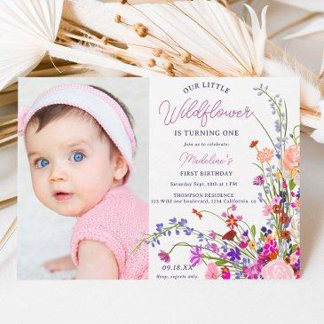 modern chic wildflower script photo 1st birthday invitation