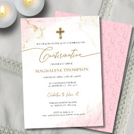 Small Modern Christian Pink Gold Cross Girl Confirmation Invitation Front View