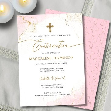 modern christian pink gold cross girl confirmation invitation