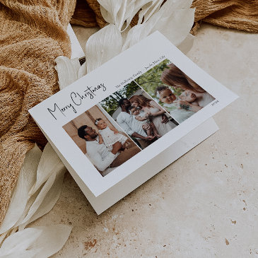modern christmas script folded three-photo holiday invitations