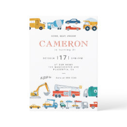 Small Modern City Transportation Birthday Party Invite Front View