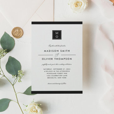modern classic elegant black monogram wedding invitation