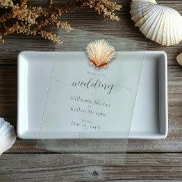Small Modern Coastal Seashell Aqua Wedding Acrylic Invitations Front View