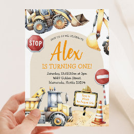 Small Modern Construction Boy First Birthday Invitation Front View