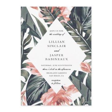 modern coral tropics diamond frame wedding invitation