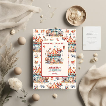 modern cute circus carnival festival 1st birthday invitation