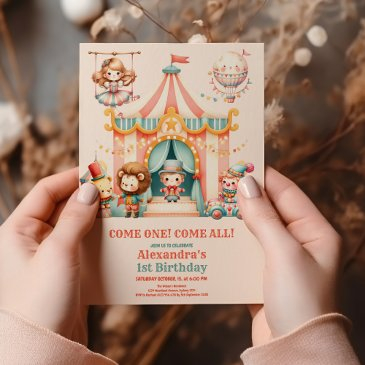 modern cute circus carnival festival 1st birthday invitation