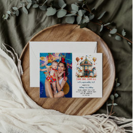 Small Modern Cute Circus Carnival Festival 1st Birthday Invitation Front View