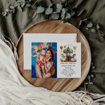 modern cute circus carnival festival 1st birthday invitation