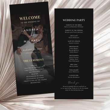 modern dark faded photo gold & black wedding program