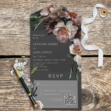 modern dark flower blossoms black qr code all in one invitation