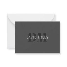 Small Modern Dark Grey & Black Editable Name & Monogram Note Invitations Front View
