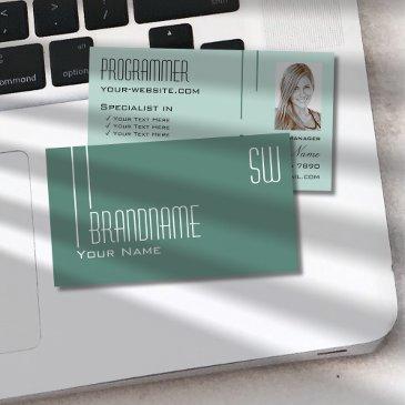 modern dark light teal with monogram and photo business invitations