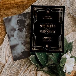 Small Modern Deco | Elegant Black And Gold Photo Back Save The Date Front View