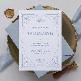 Small Modern Deco | Elegant White And Dusty Blue Wedding Invitation Front View