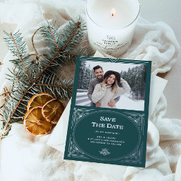 Small Modern Deco | Green Holiday Photo Save The Date Foil Invitation Front View