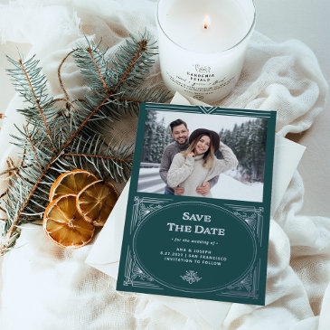 modern deco | green holiday photo save the date foil invitation