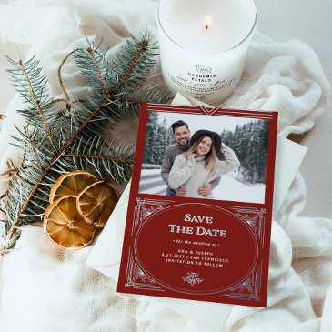 modern deco | red holiday photo save the date foil invitation