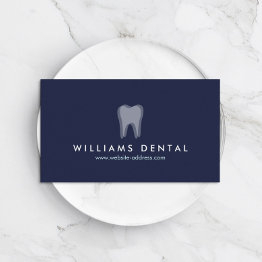 Small Modern Dentist Tooth Logo On Navy Blue Business Invitations Front View