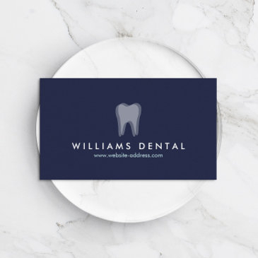 modern dentist tooth logo on navy blue business invitations
