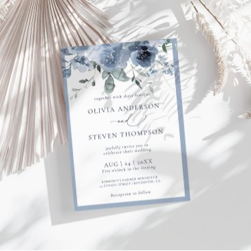 modern dusty blue floral wedding invitation