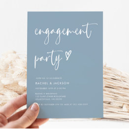 Small Modern Dusty Blue Script Minimal Engagement Party Invitation Front View