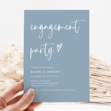 modern dusty blue script minimal engagement party invitation