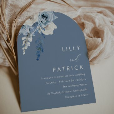 modern dusty blue & white boho arch wedding invitation