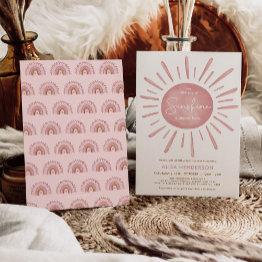 Small Modern Dusty Pink Boho Sunshine Girl Baby Shower Invitation Front View