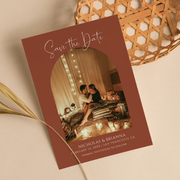 modern elegant arch photo terracotta boho wedding save the date